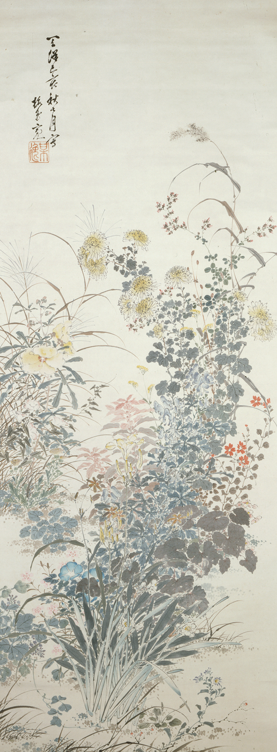 Flowers of Autumn, by Yamamoto Baiitsu EA1966.116 Tall painting by Yamamoto Baiitsu of yellow, pink, blue and red flowers and plants, reaching upwards