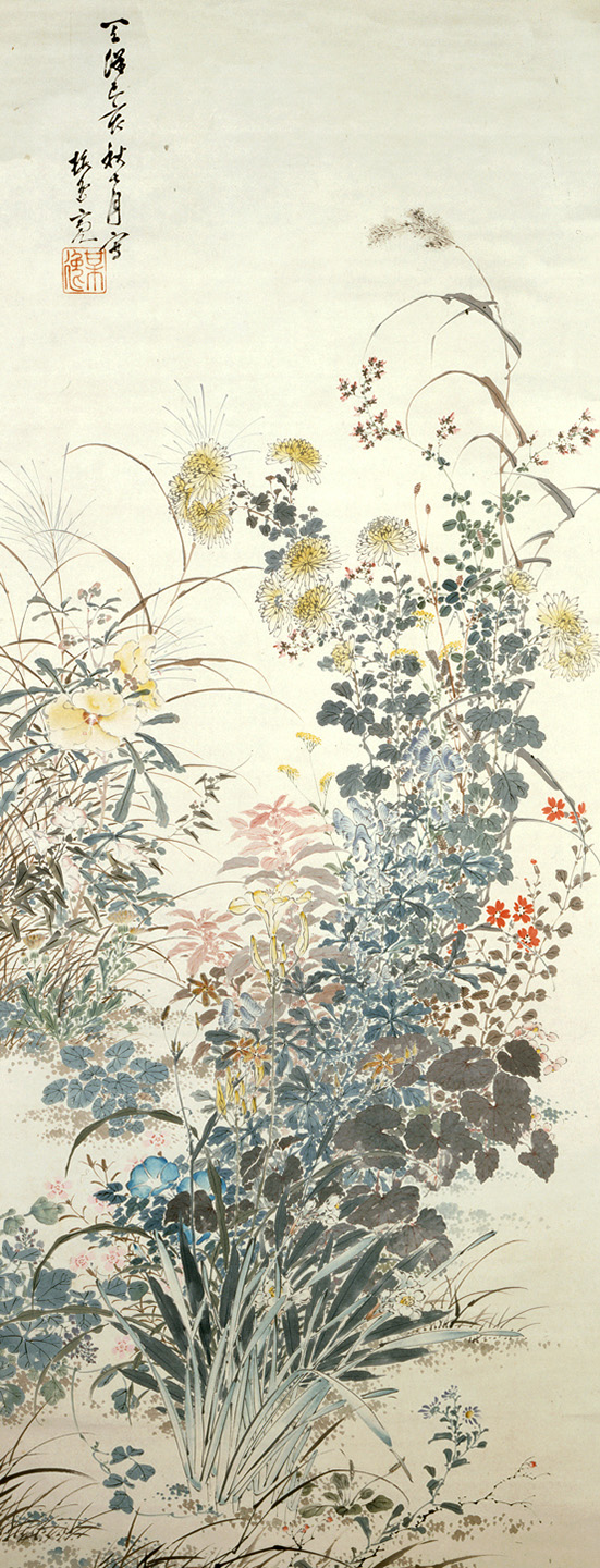 Tall painting by Yamamoto Baiitsu of yellow, pink, blue and red flowers and plants, reaching upwards