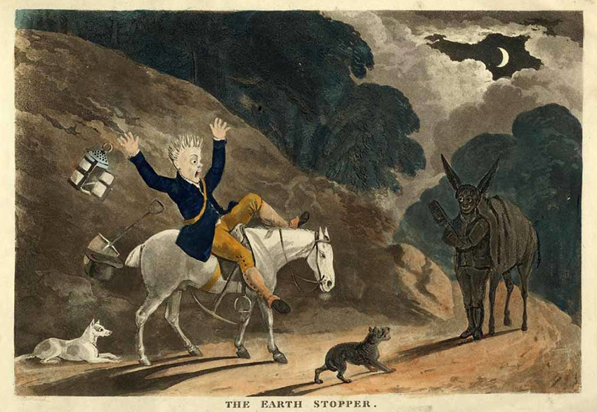 The Earth Stopper, Thomas Sutherland, 1815 A terrified country estate worker on a white pony with his dogs raises his arms in horror thinking he is seeing the devil on the country lane with the crescent moon above the hills.
