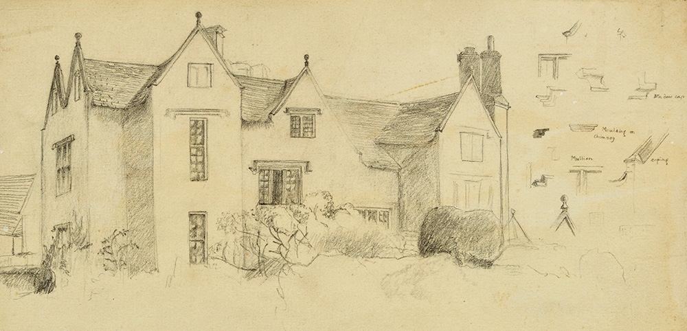 Black and white sketch of Kelmscott Manor with architectural details by May Morris who lived there