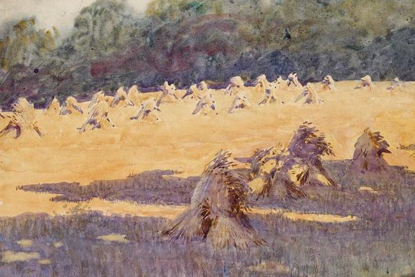 Watercolour by Eleanor Fortescue-Brickdale of a yellowing field in autumn