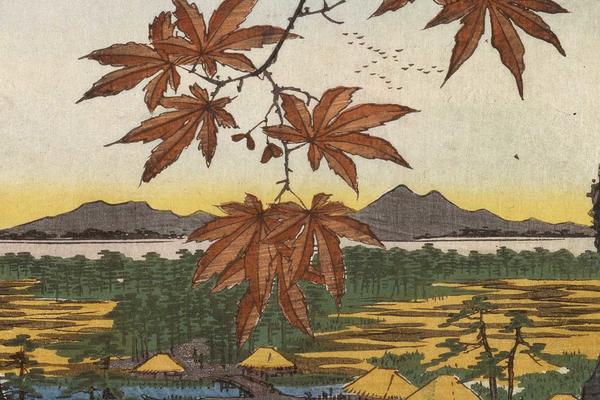Detail of maple leaves in a woodblock print by Utagawa Hiroshige made in in 1857