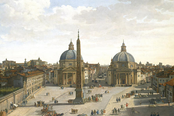Painting from the 1700s of the Piazza del Popolo, Rome, by artist Giovanni Paolo Panini