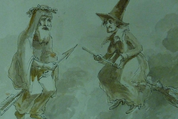 Witch on broomstick and old man print 