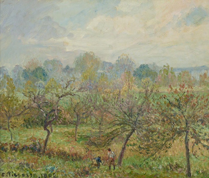Autumn, Morning Mist, Eragny, by Camille Pissarro WA1951.225.5 Landscape painting by Camille Pissarro of two small figures in a green field with trees both next to them and in the distance