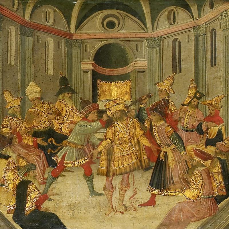 Ides of March and Assassination of Caesar Painting by Apollonio di Giovanni WA1850.27 A detail of an oil painting of Julius Caesar being surrounded and stabbed by conspirators