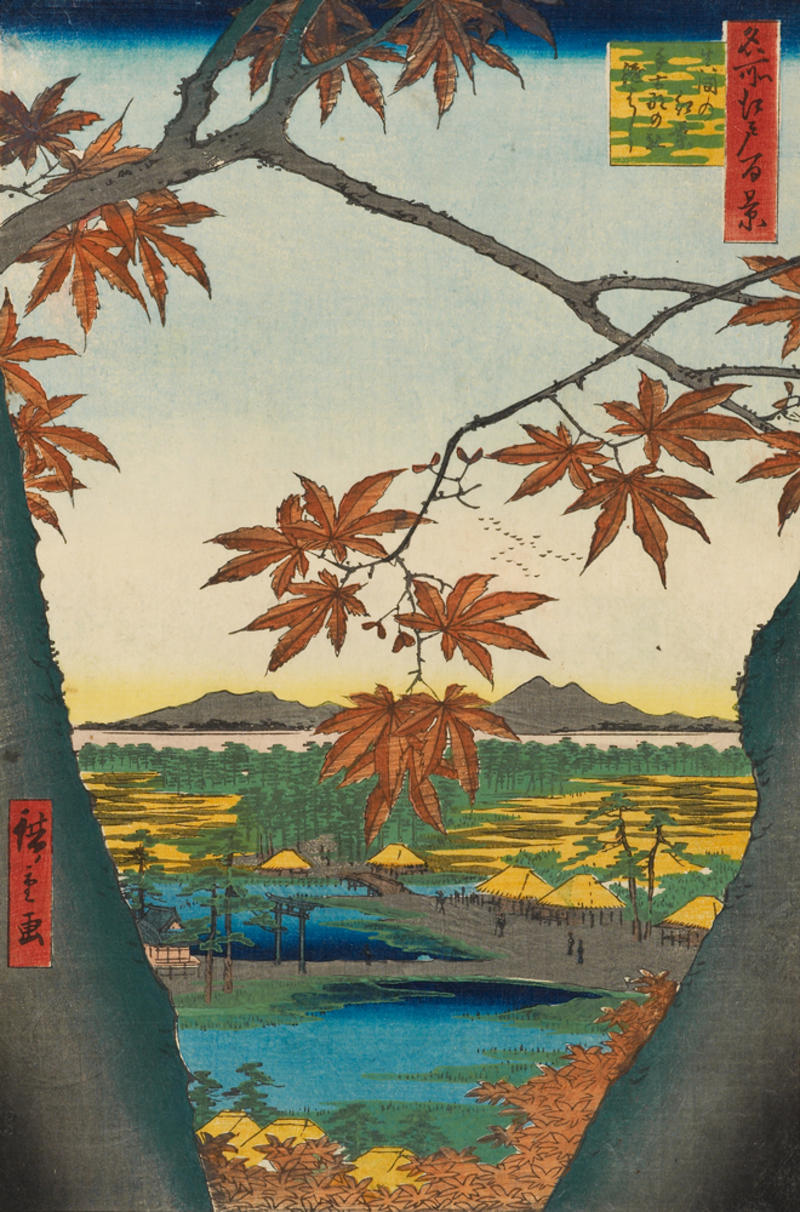 Maple Trees at Mama, Tekona Shrine, by Ando Hiroshige EAX4362 Japanese woodblock print by Hiroshige, with brown maple leave in the foreground and mount fuji and a village behind