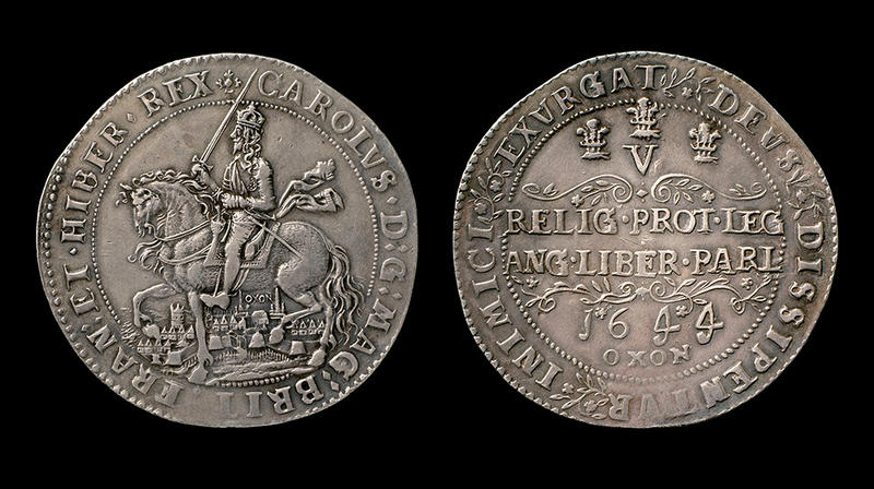 Oxford Crown, struck at the Oxford Mint, 1644 Both sides of the Oxford Crown coin showing King Charles I of England riding his horse and holding his sword facing left, poised above the city of Oxford, and on the right is the date and inscription of OXON. Dates to 1644