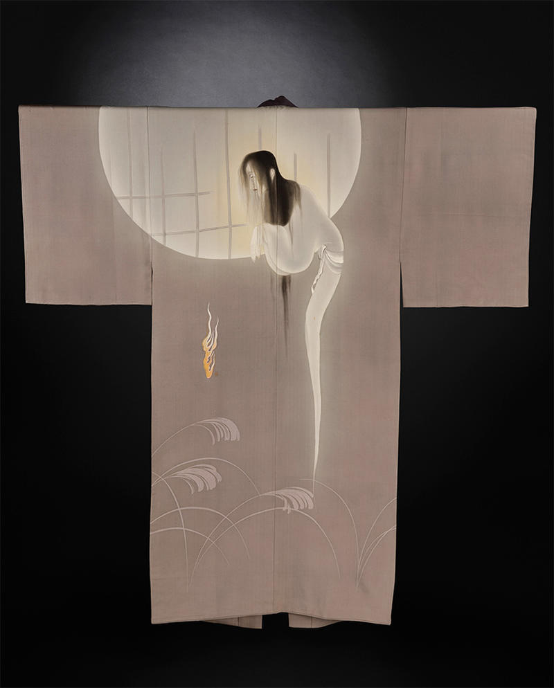 Ghost kimono Kimono showing a ghost in front of a giant moon in pale creams and muted greys