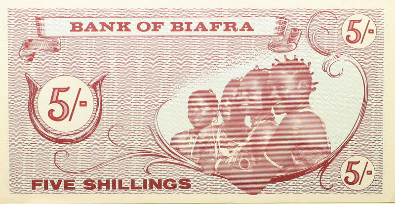 A Biafran banknote from the 1960s showing a bronze manilla design A Biafran banknote from the 1960s showing a bronze manilla design