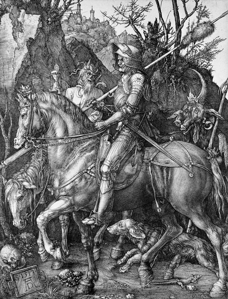 Knight, Death and the Devil by Durer, 1513 Allegorical print by Albrech Durer in black and white showing a Knight mounted on a horse in an encounter with Death on a horse and the Devil - surrounded by skulls