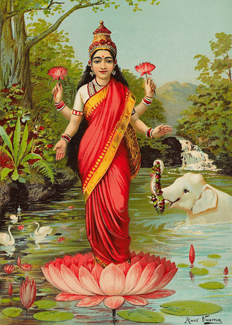 Lakshmi, Hindu goddess of wealth, early 20th century, colourful chromolithograph on paper © Ashmolean Museum Lakshmi, Hindu goddess of wealth, 20th century, colourful chromolithograph on paper showing the goddess on a lotus leav in water with animals behind here