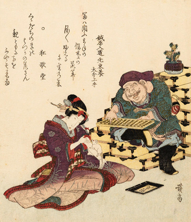 Japanese print depicting the money god Daikoku with an abacus and a woman with a rat running up her arm by Keisai Eisen, 1828 A colourful Japanese print showing the money god Daikoku with an abacus and a woman with a rat running up her arm