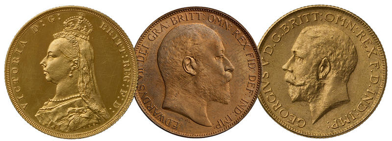 Three coins showing Queen Victoria facing left, Edward VII facing right and George V facing left showing their profiles Three coins showing Queen Victoria facing left, Edward VII facing right and George V facing left showing their profiles
