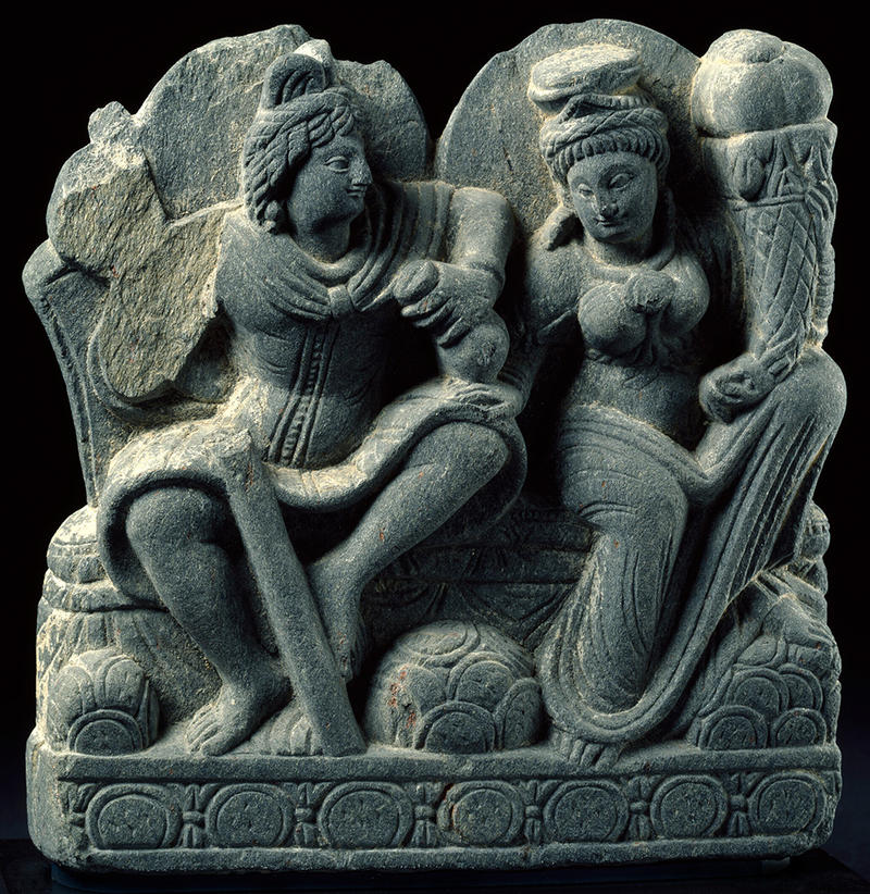 Relief sculpture depicting Buddhist deities Hariti and Panchika, with a purse, staff and cornucopia, 3rd to 4th century © Ashmolean Museum Small relief sculpture depicting Buddhist deities Hariti and Panchika, who holds a purse and staff, 3rd to 4th century