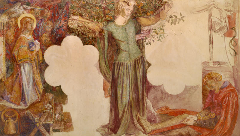 Dante Gabriel Rossetti, Sir Lancelot's Vision of the Sanc Grael, 1857 Watercolour of figures in medieval dress