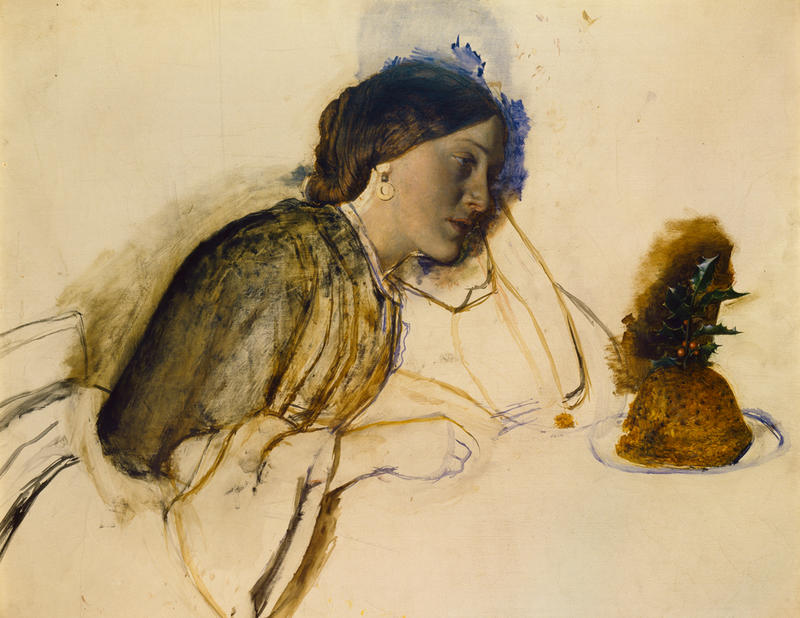 The poor Actress's Christmas Dinner by Robert Braithwaite Martineau (1826-1869) Incomplete painting of a woman looking at a Chrismtas pudding in front of her, decorated with holly leaves