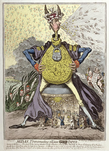 MIDAS, Transmuting all into GOLD PAPER, James Gillray, hand-coloured etching on laid paper © New College Oxford Hand-coloured etching of Midas transmuting all into Paper by James Gillray, made in 1797
