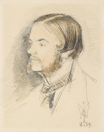 John Everett Millais's Portrait of William Holman Hunt WA1893.8 Portrait drawing o William Holman Hunt by John Everett Millais, Hunt is looking left