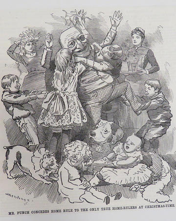 Christmastime Punch cartoon Black and white Victorian Christmastime Punch cartoon showing a family in chaotic revelry