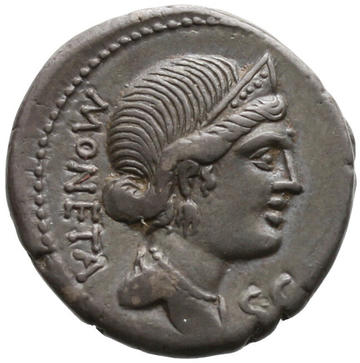 Silver Roman coin depicting the goddess Juno, 74BCE Silver Roman coin depicting the goddess Juno and showing her facing right