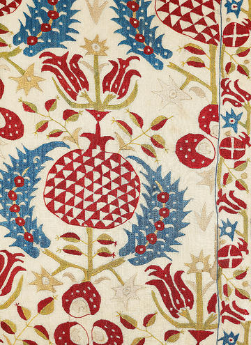 17th-century Turkish wall hanging design featuring red, gold and blue flower and fruit patterns